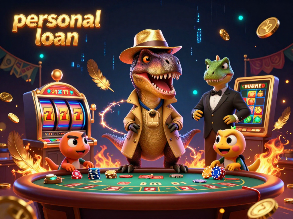 Engage with the vibrant casino scene featuring a velociraptor card counter and dynamic gambling elements, showcasing personal loan opportunities.