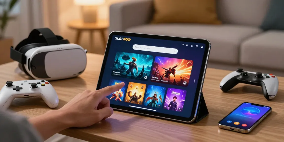 SLOT7000 mobile application interface showcased on a tablet in a cozy gaming setup.