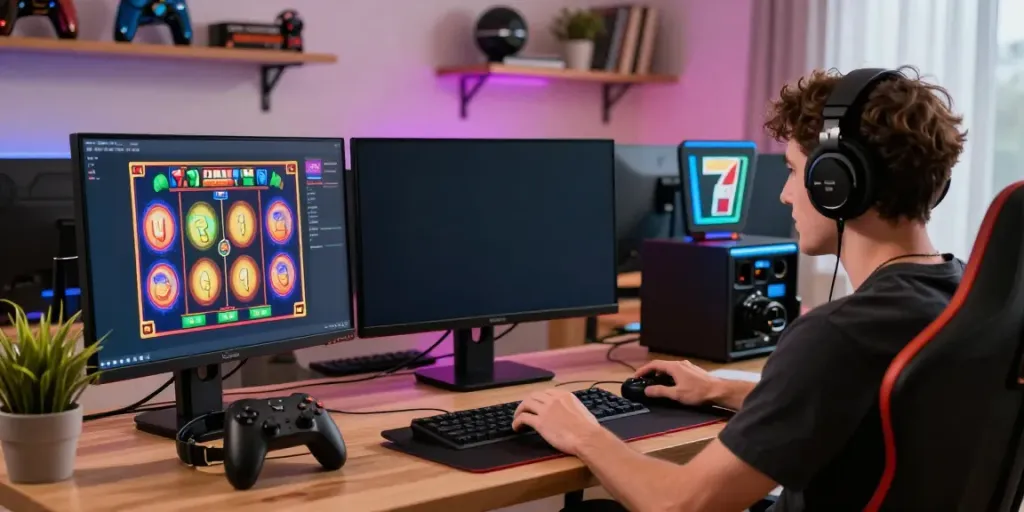 Excited player engaging with slot777 online game on a modern desktop setup, colorful graphics and gaming accessories visible.