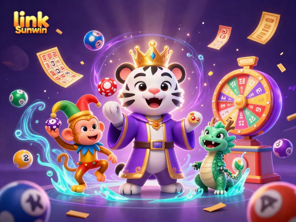 Join the excitement at link Sunwin with vibrant lottery elements and captivating characters in a dynamic online casino scene.
