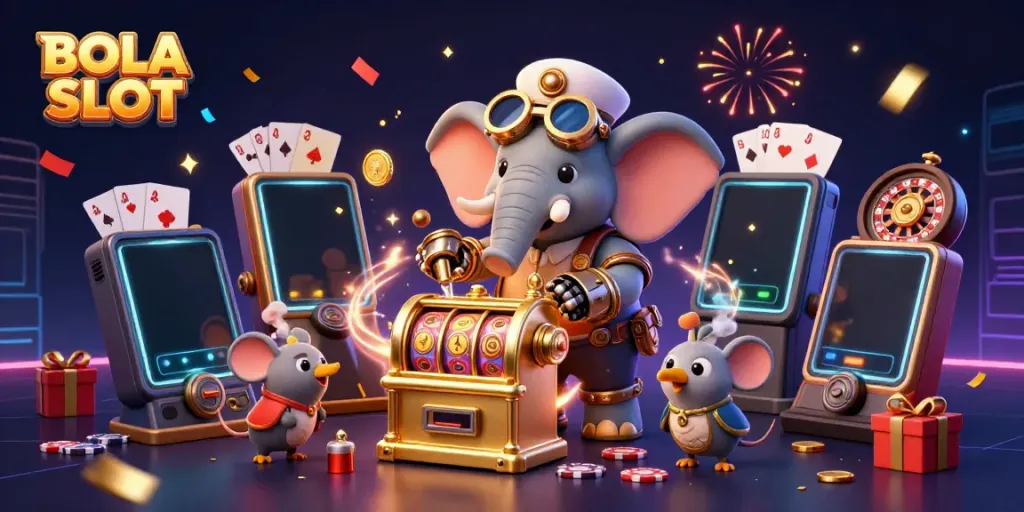 Engaging 3D illustration of BOLA SLOT featuring a steampunk elephant engineer at a golden slot machine, with vibrant game elements.