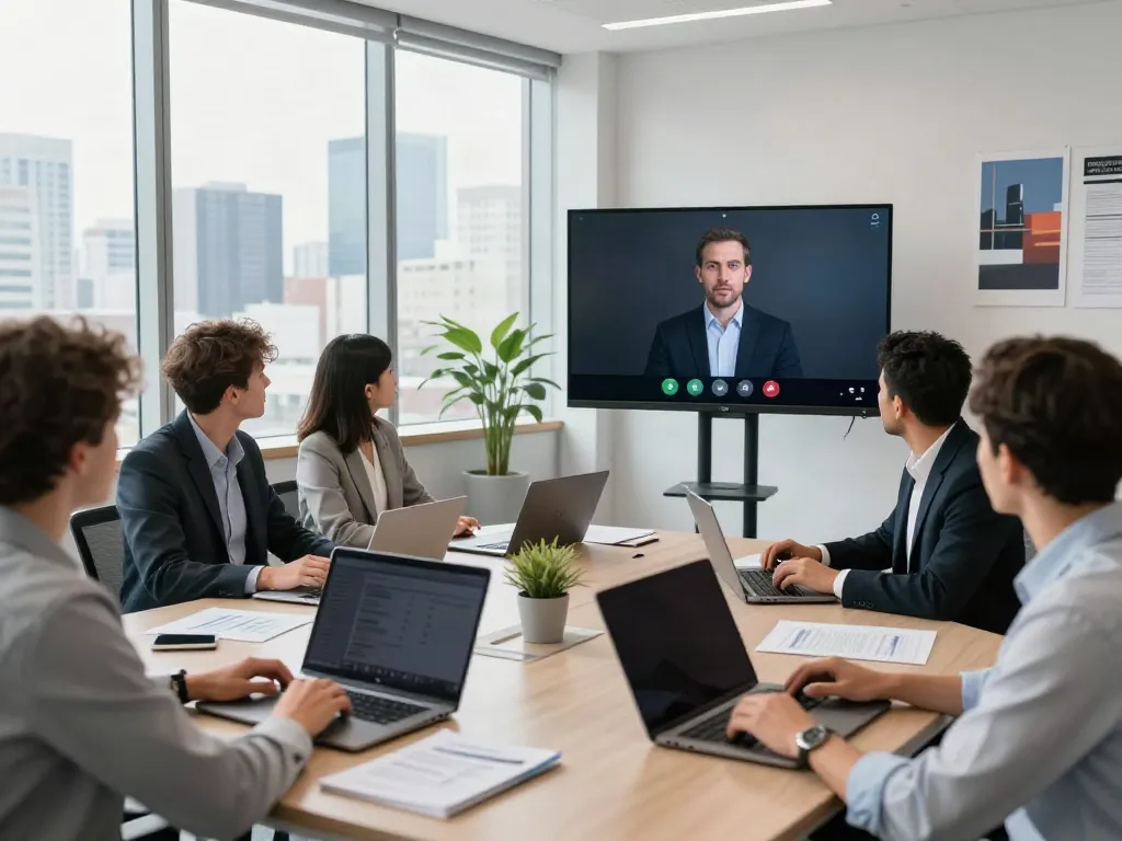 Deepfake protected Online Video Calls, Meetings and Conferencing scene showcasing a secure virtual meeting with diverse professionals engaged in discussion.