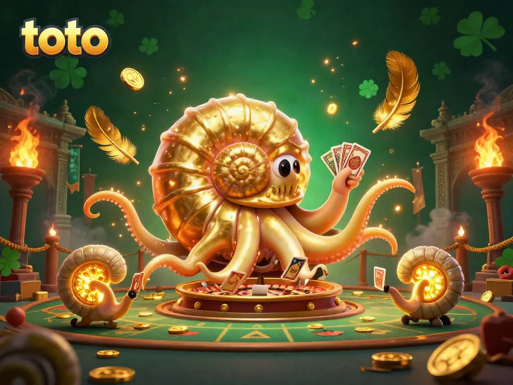 Witness the spectacular nautilus 'toto' as a roulette wheel surrounded by glowing cards and gold in an enchanting casino scene.