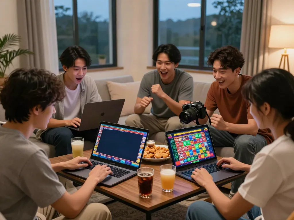 Friends enjoying harga toto togel games online in a cozy living room.