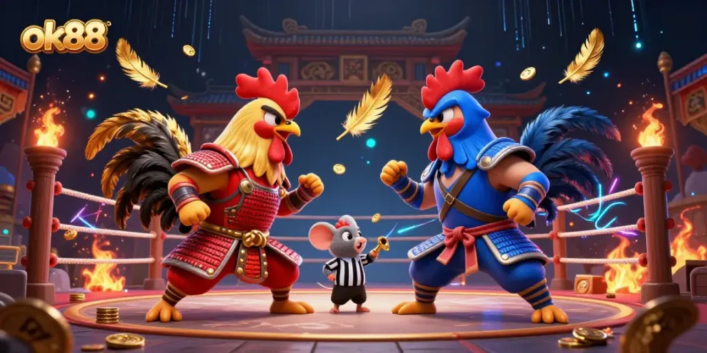 Experience the excitement of ok88 in a dynamic standoff between fighting roosters in a vibrant casino arena.