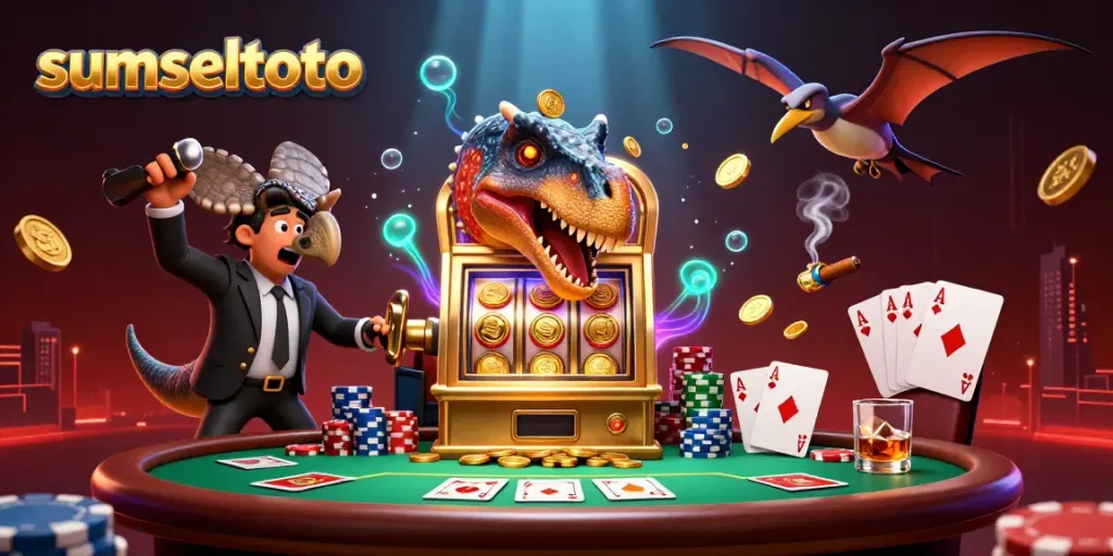 Experience the thrilling action of sumseltoto as cartoon dinosaurs engage with a golden slot machine, generating excitement.