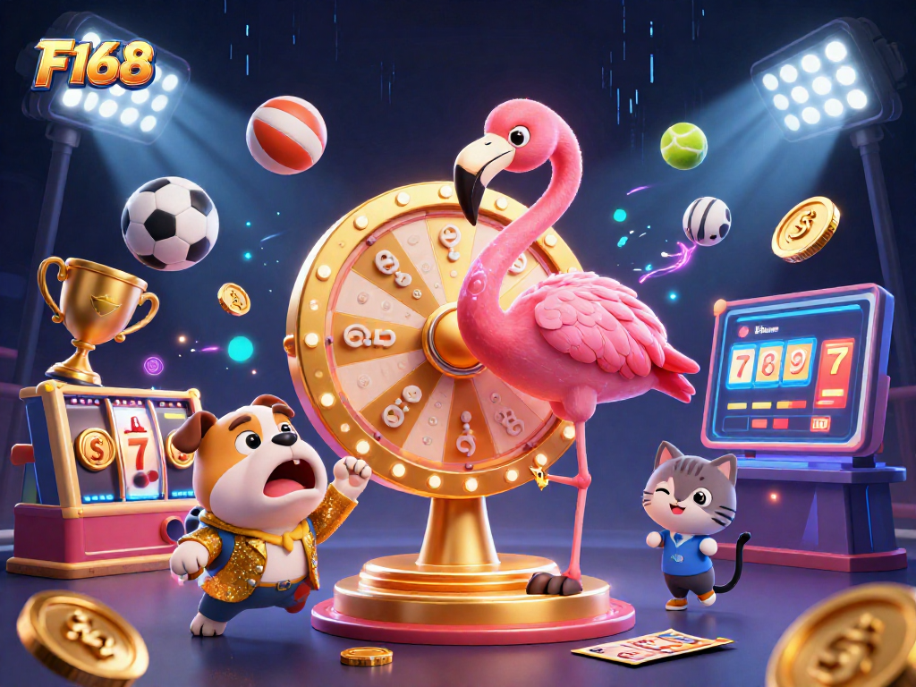 Engage with F168's thrilling gaming scene showcased in a vibrant casino illustration featuring roulette wheels and slot reels.