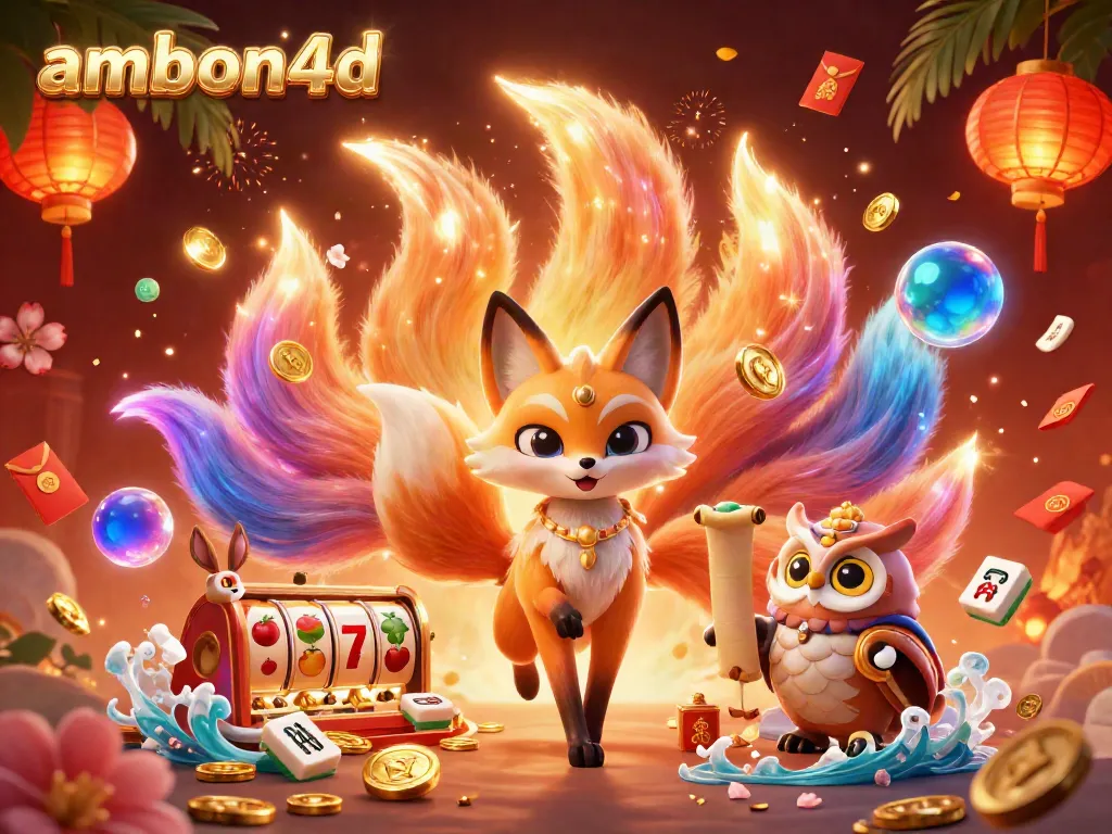 Experience the thrill of ambon4d with a vibrant, detailed illustration of a nine-tailed fox amidst slot reels and cheerful elements.