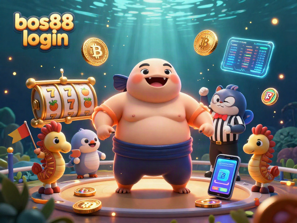 Masuk bos88 login dengan karakter lucu di kasino bawah laut penuh emas dan slot.