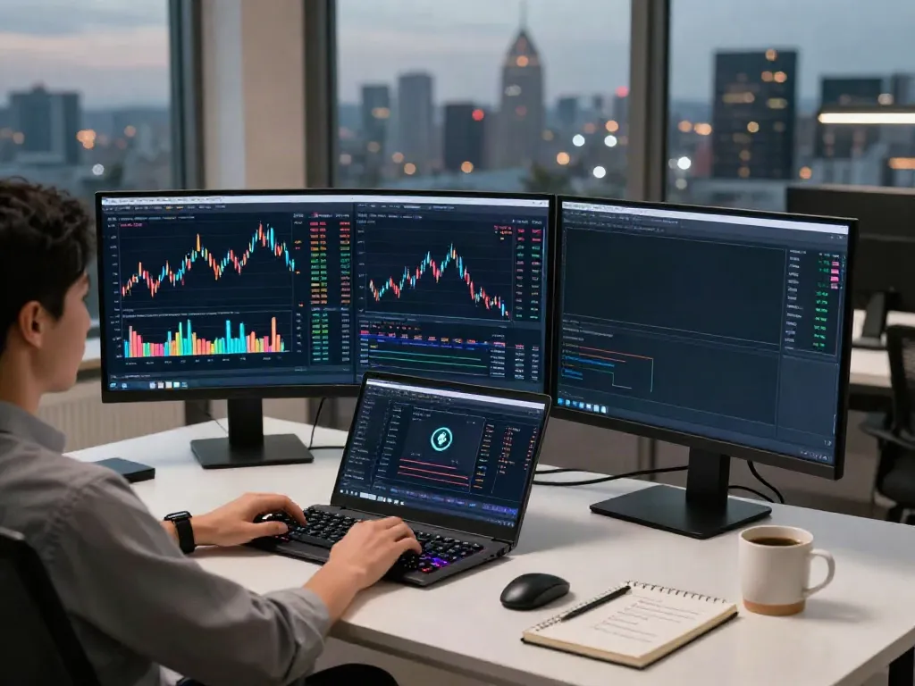 Real-time currency exchange rate API workspace showcasing professional trading setup with crypto portfolio on monitors.