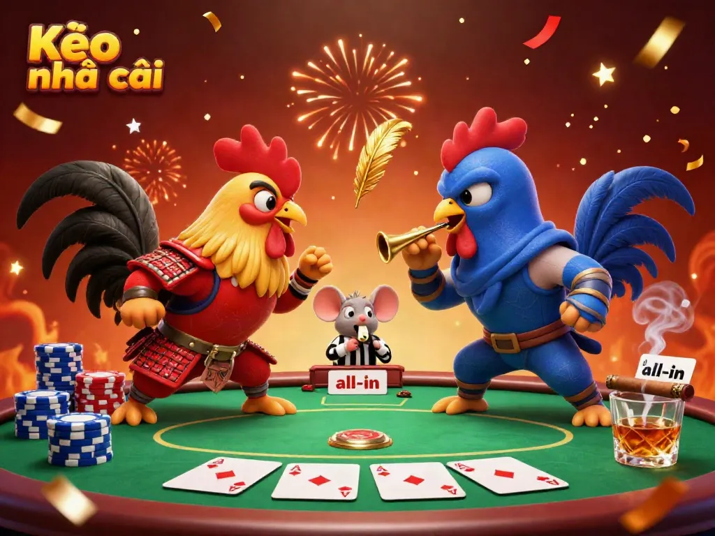 Witness the action of the Kèo nhà cái with fighting roosters in a dramatic poker showdown, surrounded by vibrant casino elements.