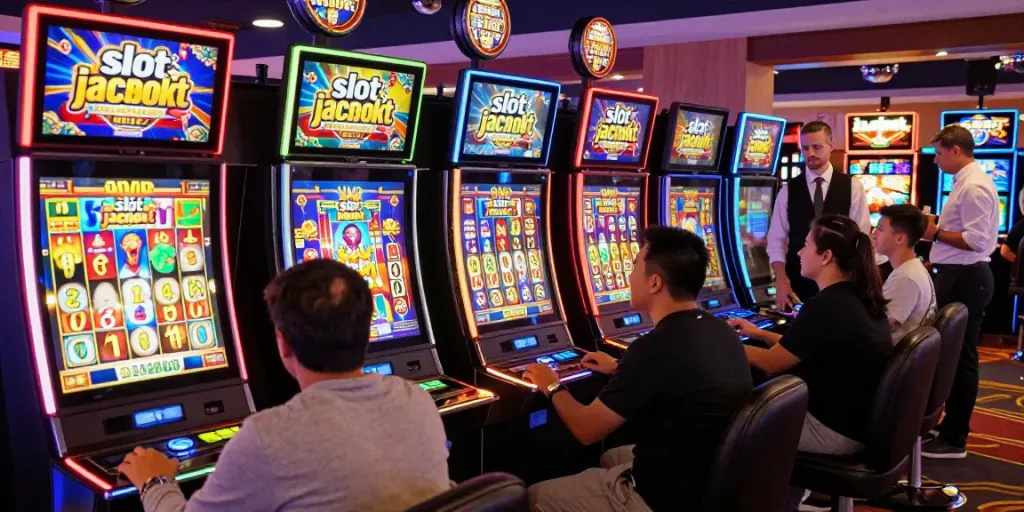 Exciting players enjoying slot jackpot games in a lively casino.