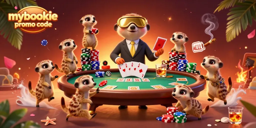 Engage with the vibrant mybookie promo code casino scene featuring meerkats and poker fun.