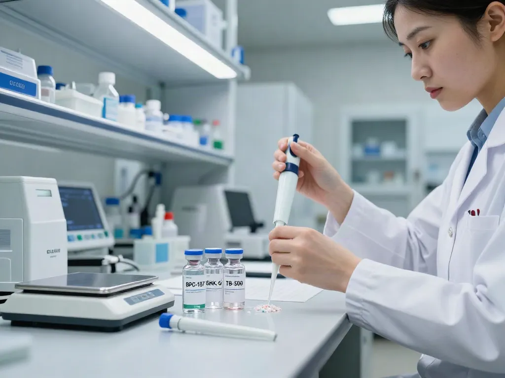 Research laboratory with GLOW peptide blend for sale, showcasing precise mixing of compounds for reliable scientific studies.