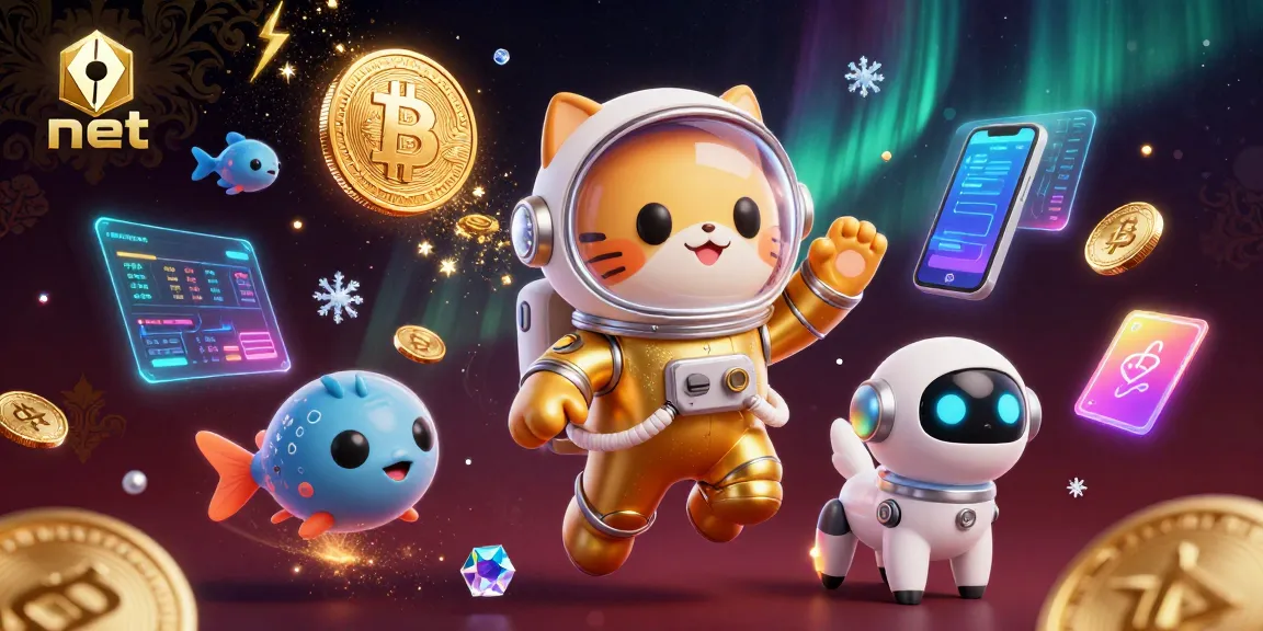 Engage with net gaming as a playful astronaut cat and robot dog explore a cosmic casino world filled with crypto elements.