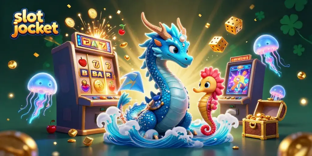 Memenangkan jackpot slot dengan ilustrasi naga laut dan kuda laut berani di kasino virtual.