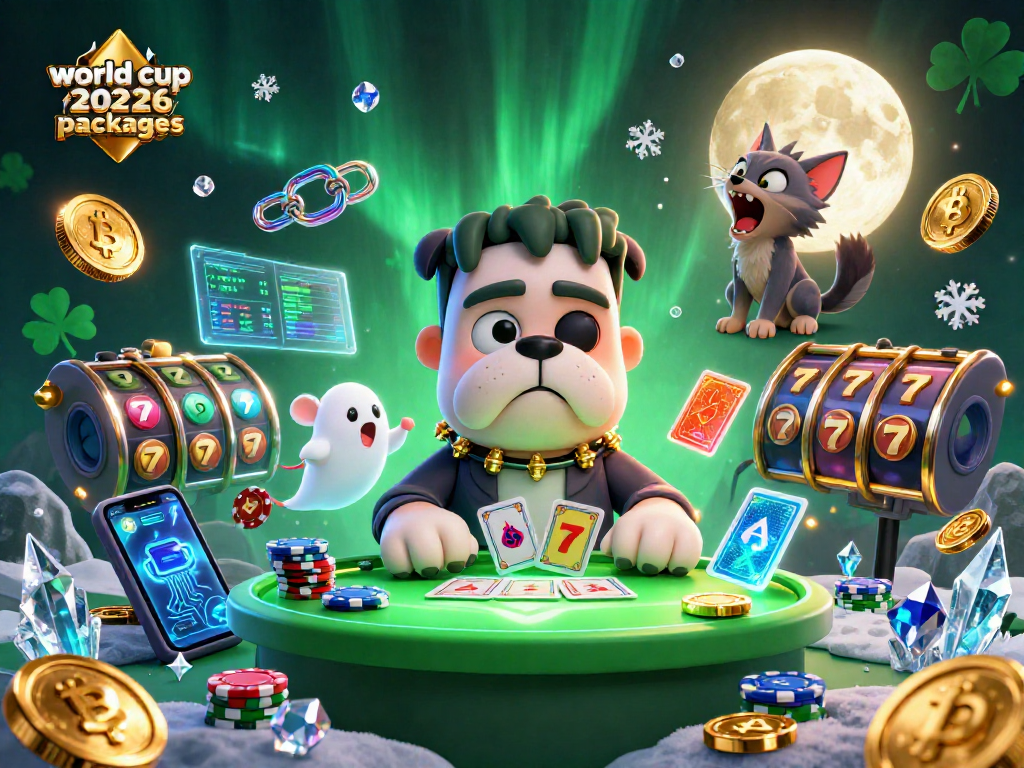 Engage with world cup 2026 packages featuring a surreal casino scene with characters and crypto elements.