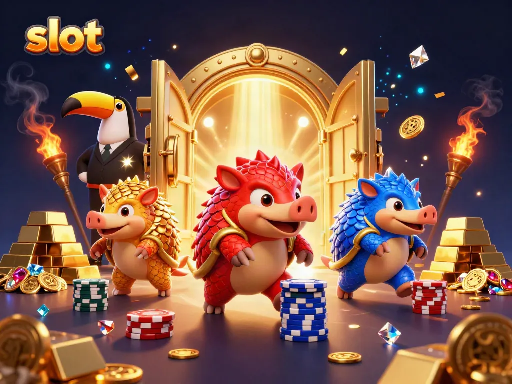 Rival pangolins competing with slot reels in a vibrant, dynamic casino scene.
