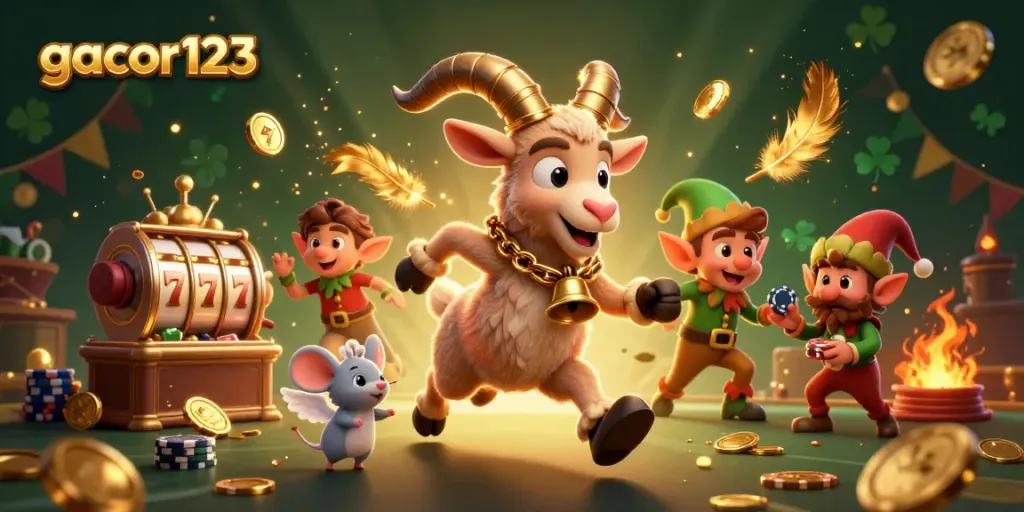 Experience the thrilling chaos of gacor123 featuring a Krampus goat and mischievous elves in a lively casino scene.