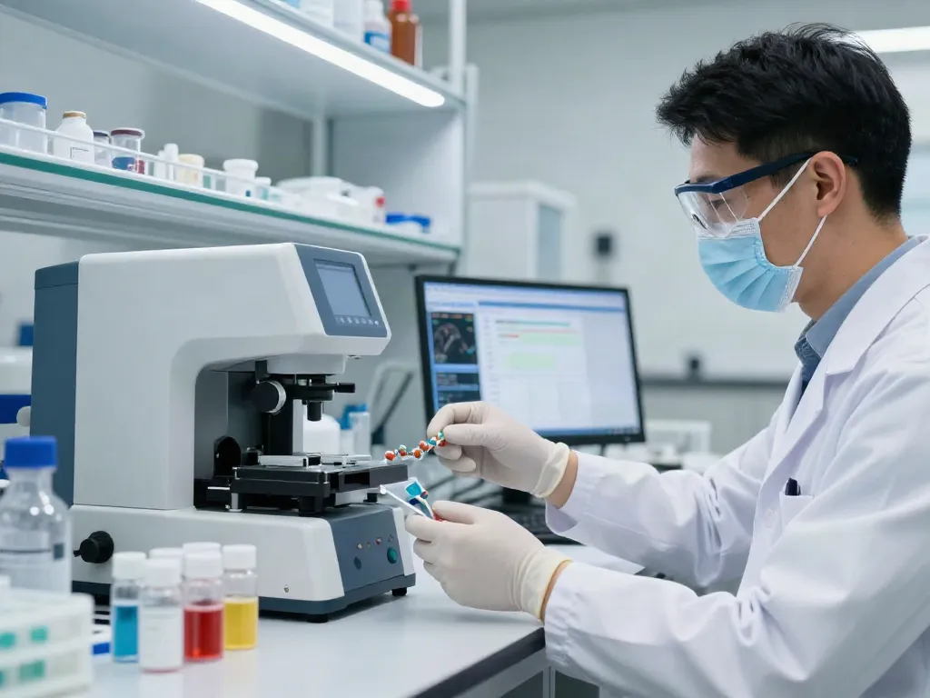 Scientist analyzing peptide samples in a modern laboratory setting on a peptide prices website.