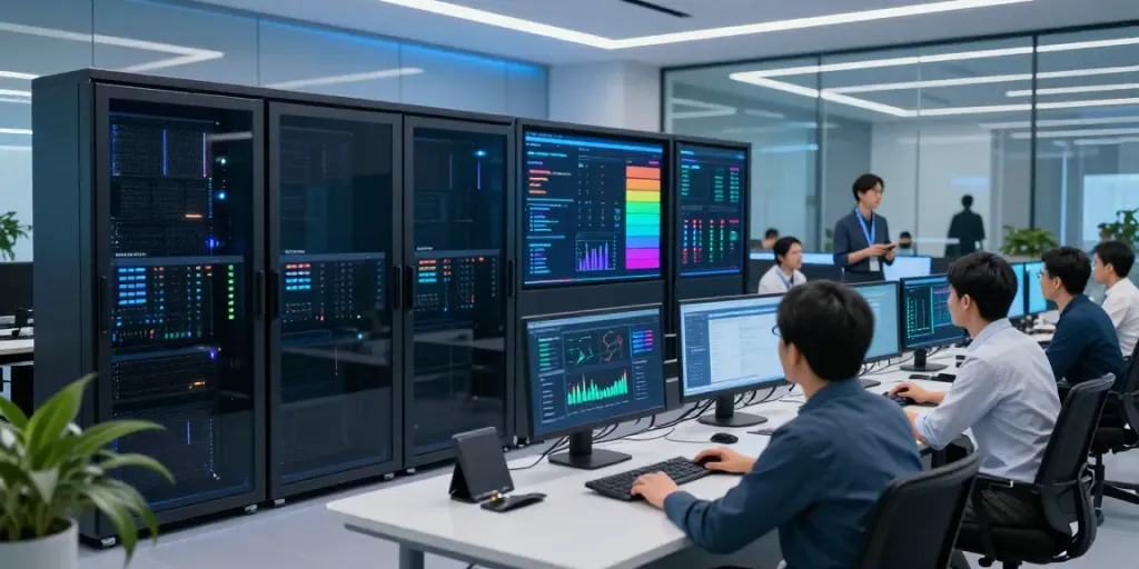 Dynamic control room showcasing AI Token Economy infrastructure and teamwork.