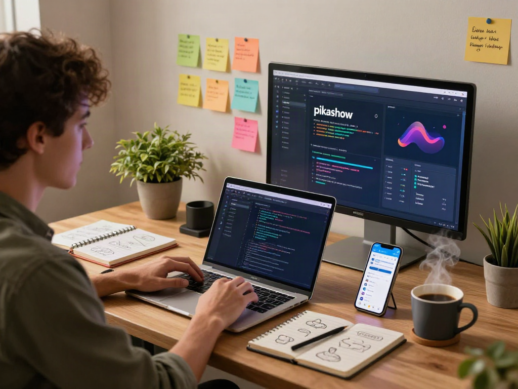 Developer coding the pikashow app in a cozy home office environment, with vibrant app designs displayed on dual monitors.