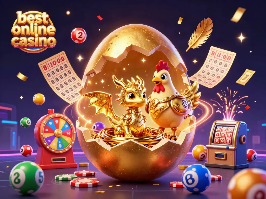 Experience the thrill at the best online casino with golden dragon, poker chips, and festive lottery elements.