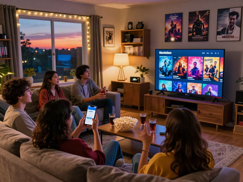 Gather friends in a cozy living room celebrating Moviebox app download with vibrant movie collection on TV.