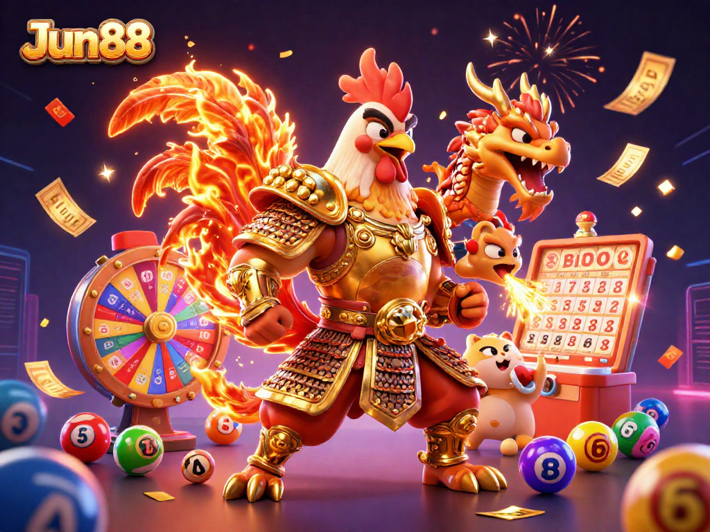 Experience thrilling wins at Jun88 with a vibrant illustration of a rooster warrior and dragon hatchling!