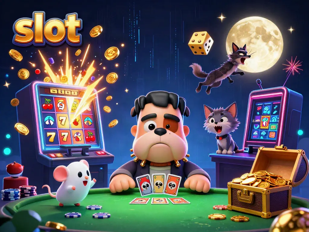 Mesin slot memukau dan karakter kartun bertema kasino pada ilustrasi 3D, menyoroti keseruan bermain.