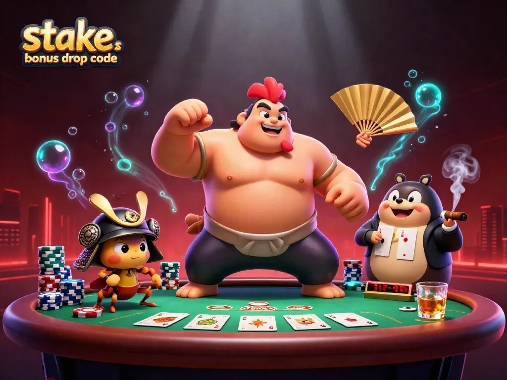 Engage with the stake.us bonus drop code in a vibrant poker scene featuring a sumo rooster, samurai cricket, and tanuki announcer.