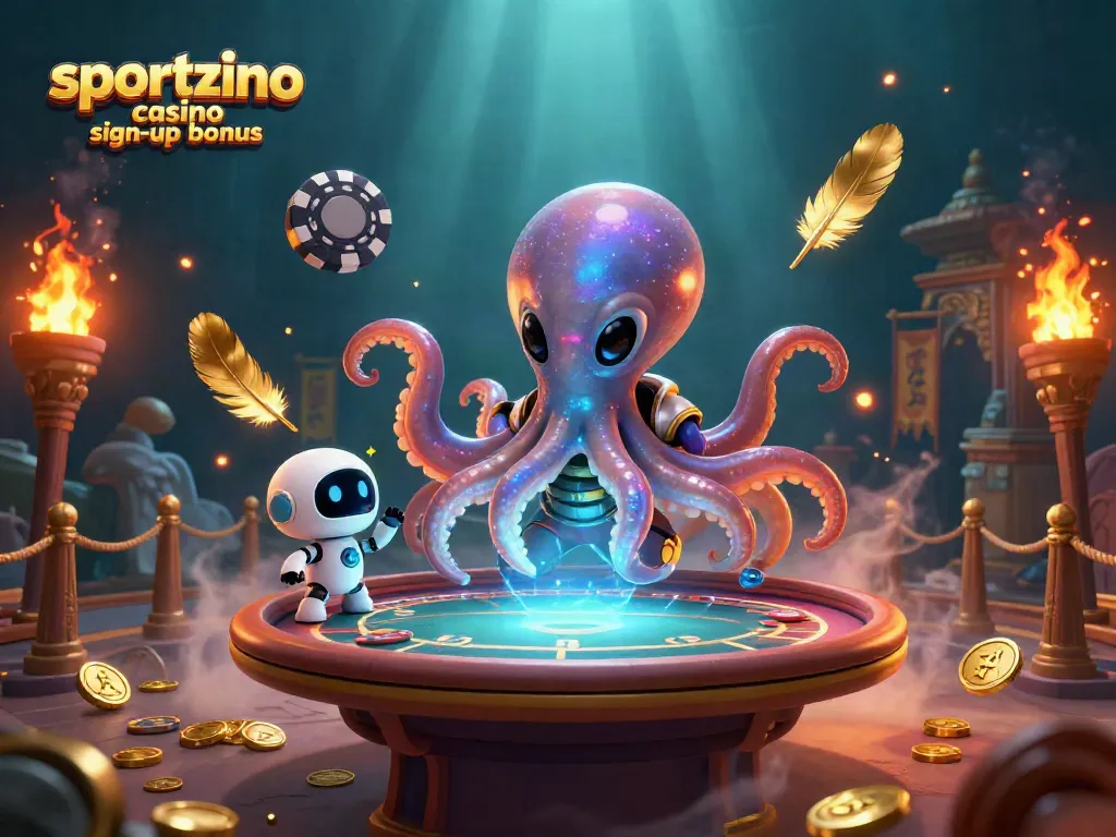 Enjoy the sportzino casino sign-up bonus with colorful alien characters at a holographic poker table.