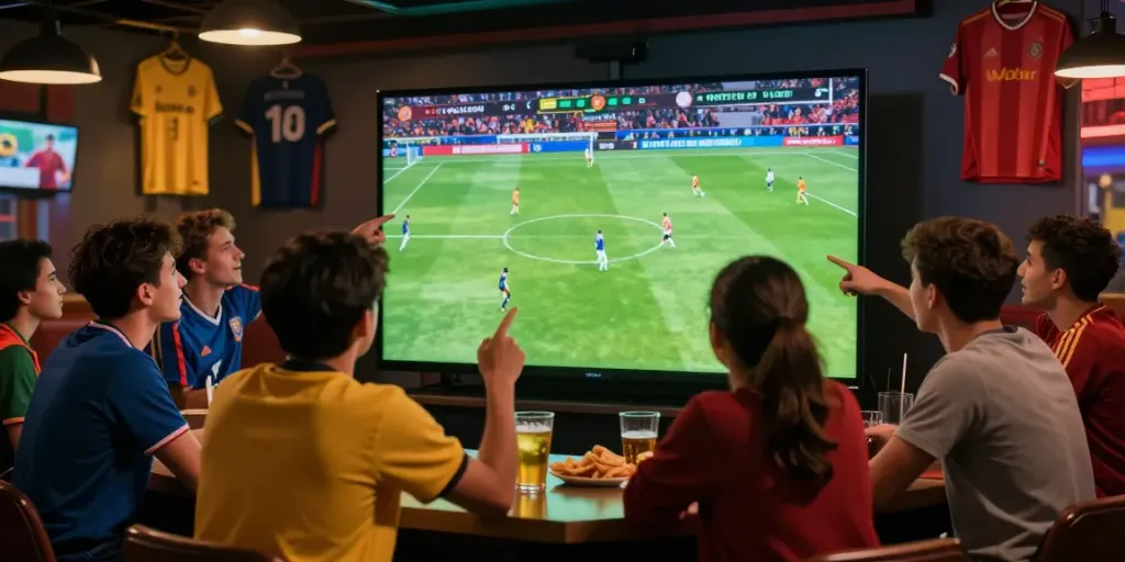 A group of enthusiastic fans enjoying live soccer betting on WWBOLA in a vibrant sports bar.