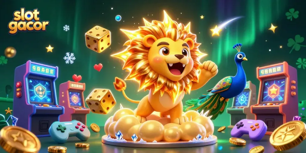 Engage with vibrant slot gacor visuals featuring a roaring lion and colorful casino elements.