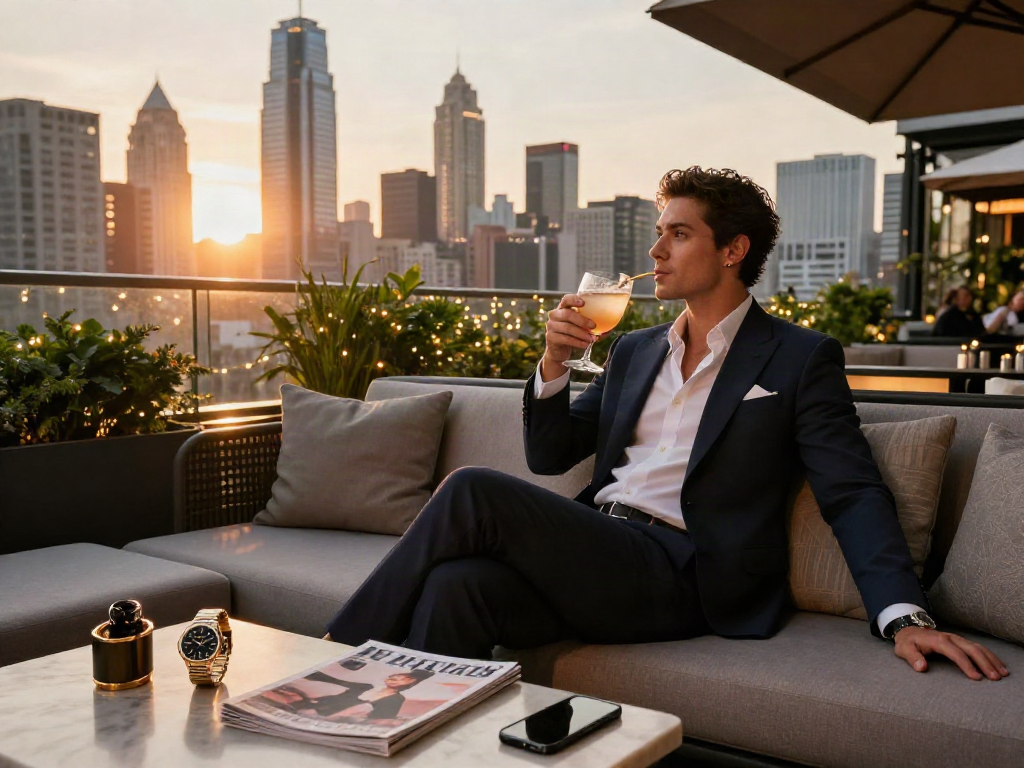 Gaya hidup mewah dengan luxury111 di lounge rooftop kota yang elegan.