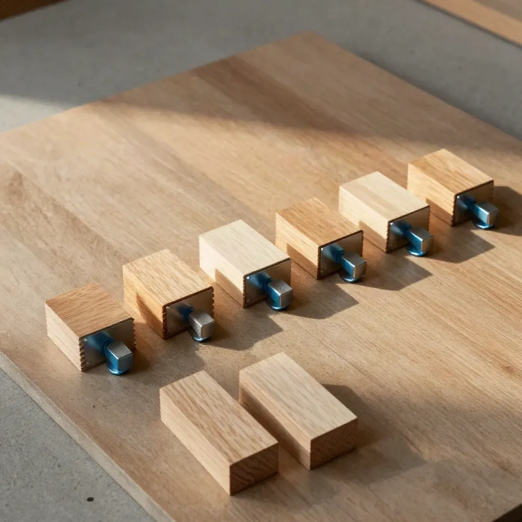 Overhead timber planning blocks and steel-blue peg markers on warm concrete in soft daylight.