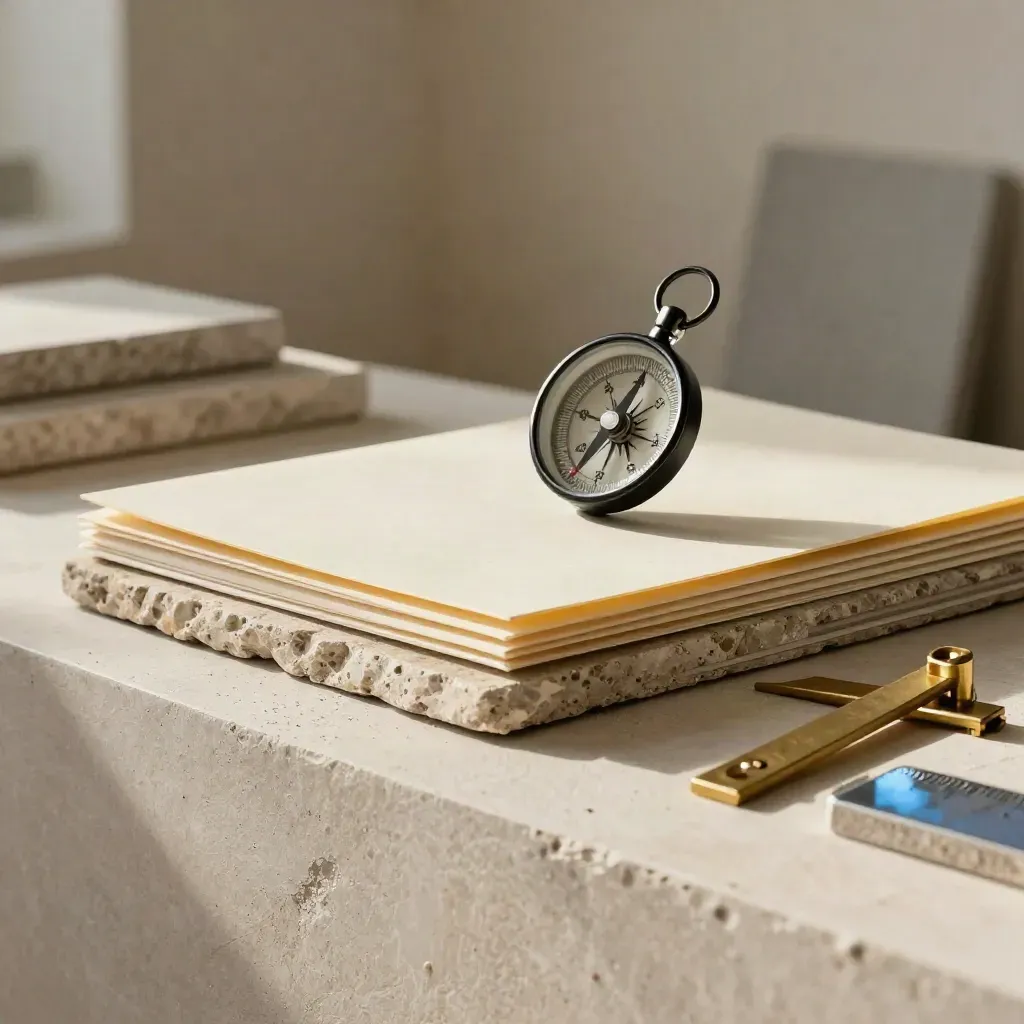 Stone samples, sealed folders, a black compass and brass alignment pieces on a pale plaster ledge.