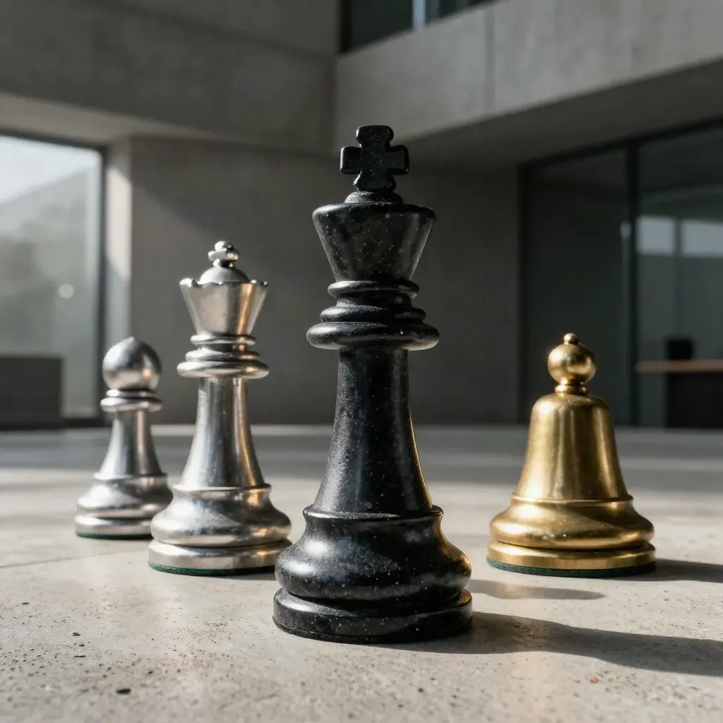 Black stone chess king, silver rook and brass bell on concrete in tense cinematic light.