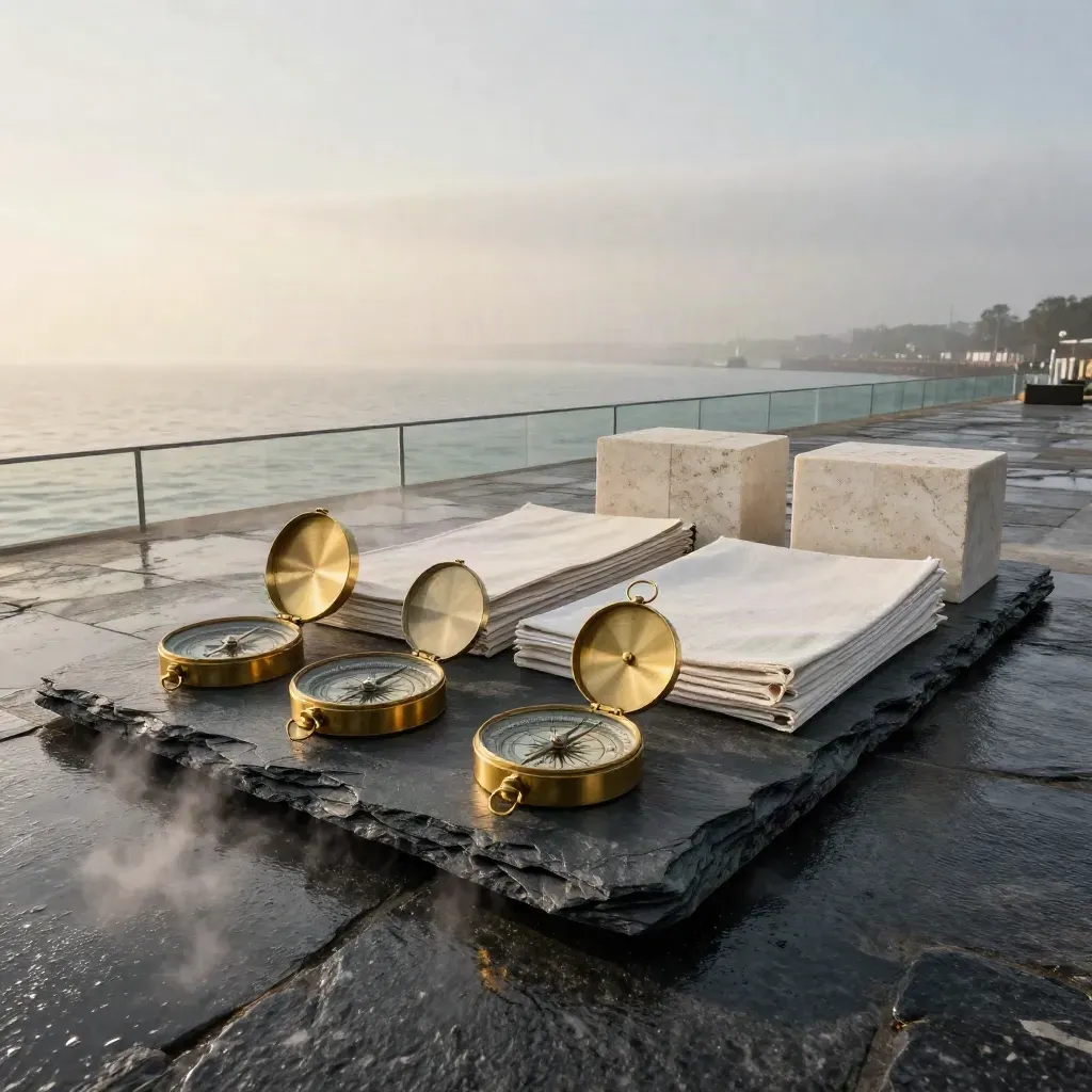 Brass compasses and slate binders on a misty waterfront quay at golden hour