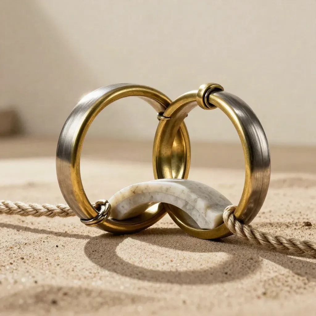 Brass rings, rope loop, and stone bridge on sand plaster, warm light