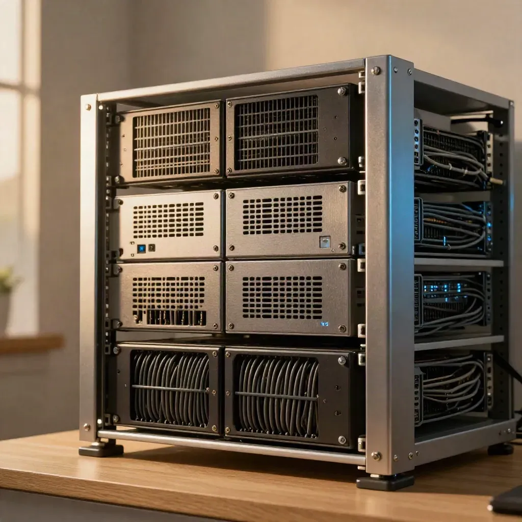 Macro of a completed tech rack with tidy cables and glowing status lights in warm light.