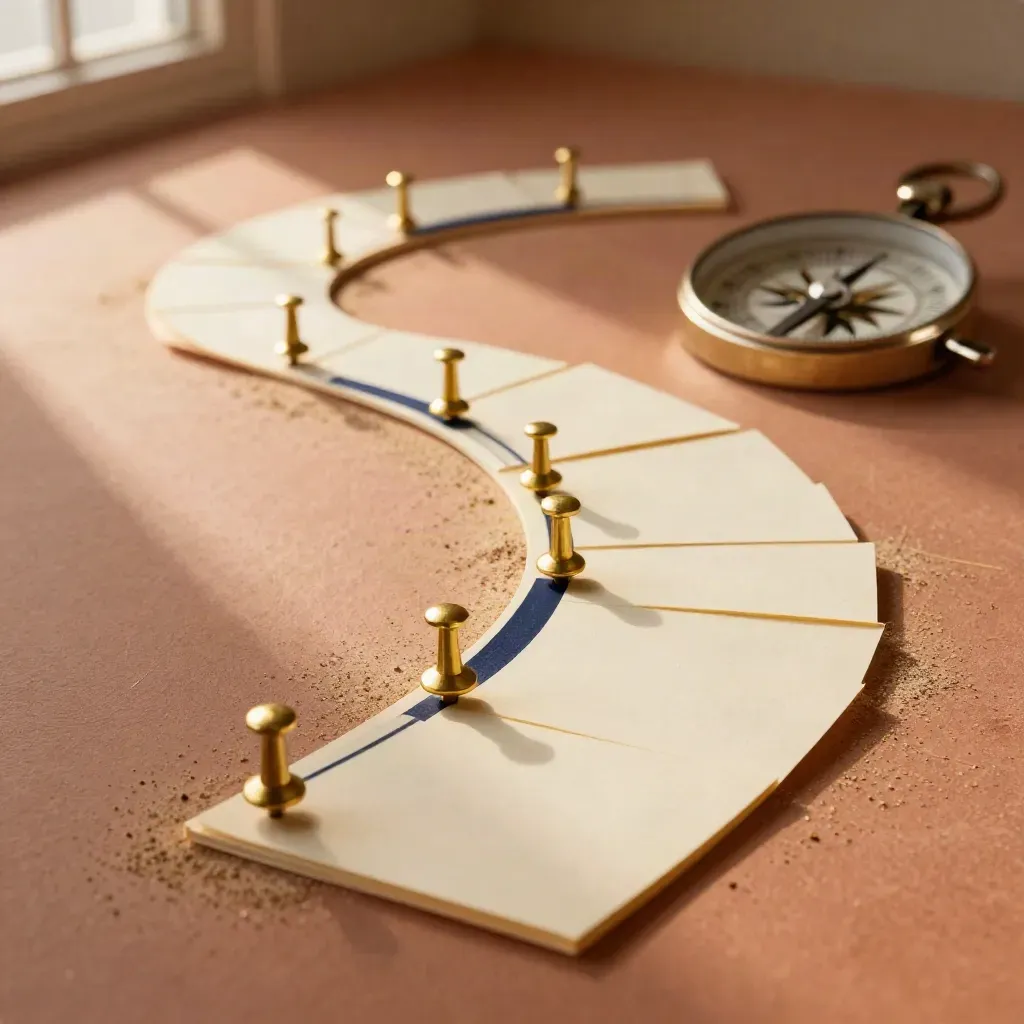 Brass pins arc across warm plaster beside blank cards, suggesting a growth roadmap.