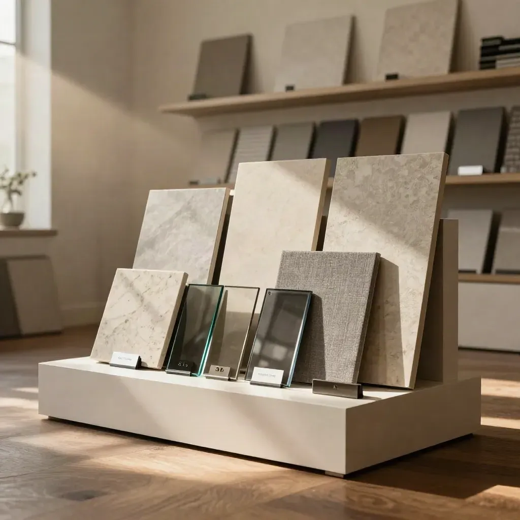Refreshed showroom corner with premium material samples on polished plinths