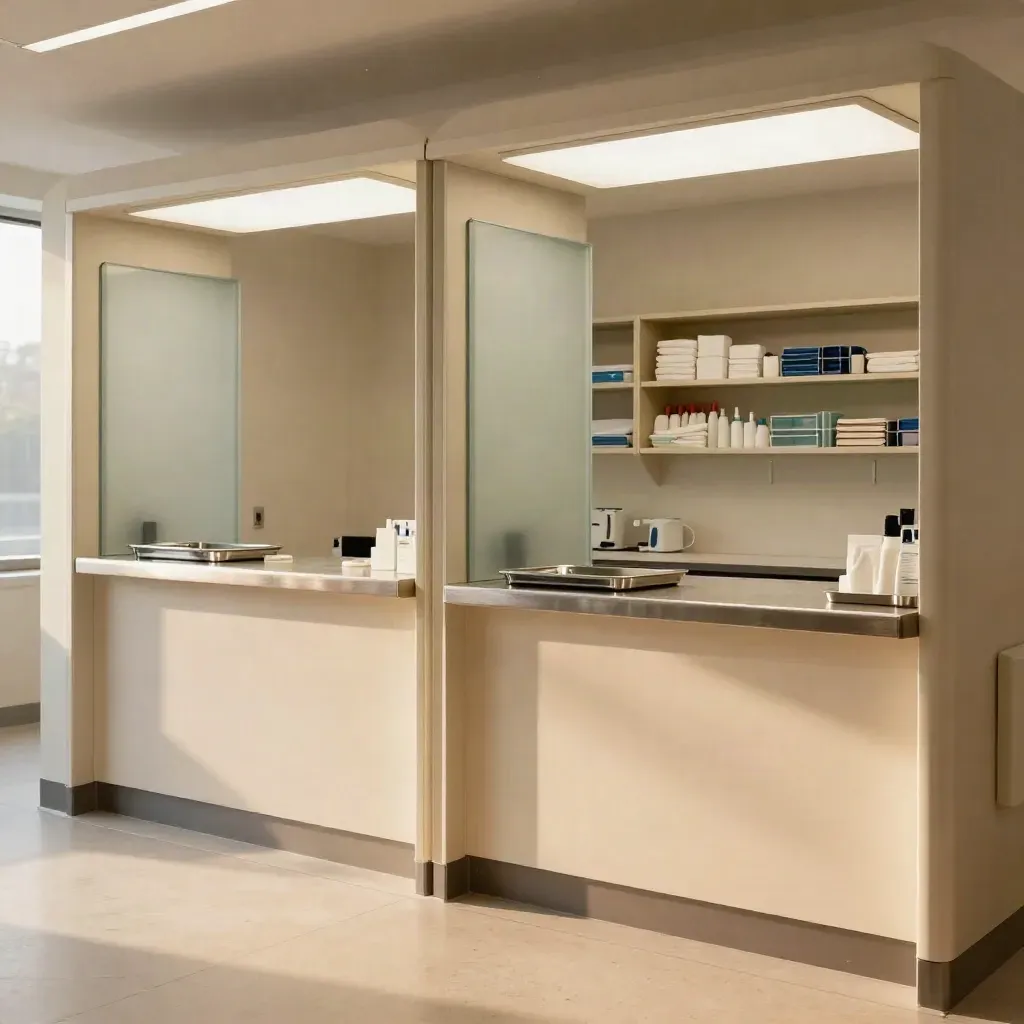 Two modern clinic reception pods, shelves stocked, ready for opening in a bright doorway view.