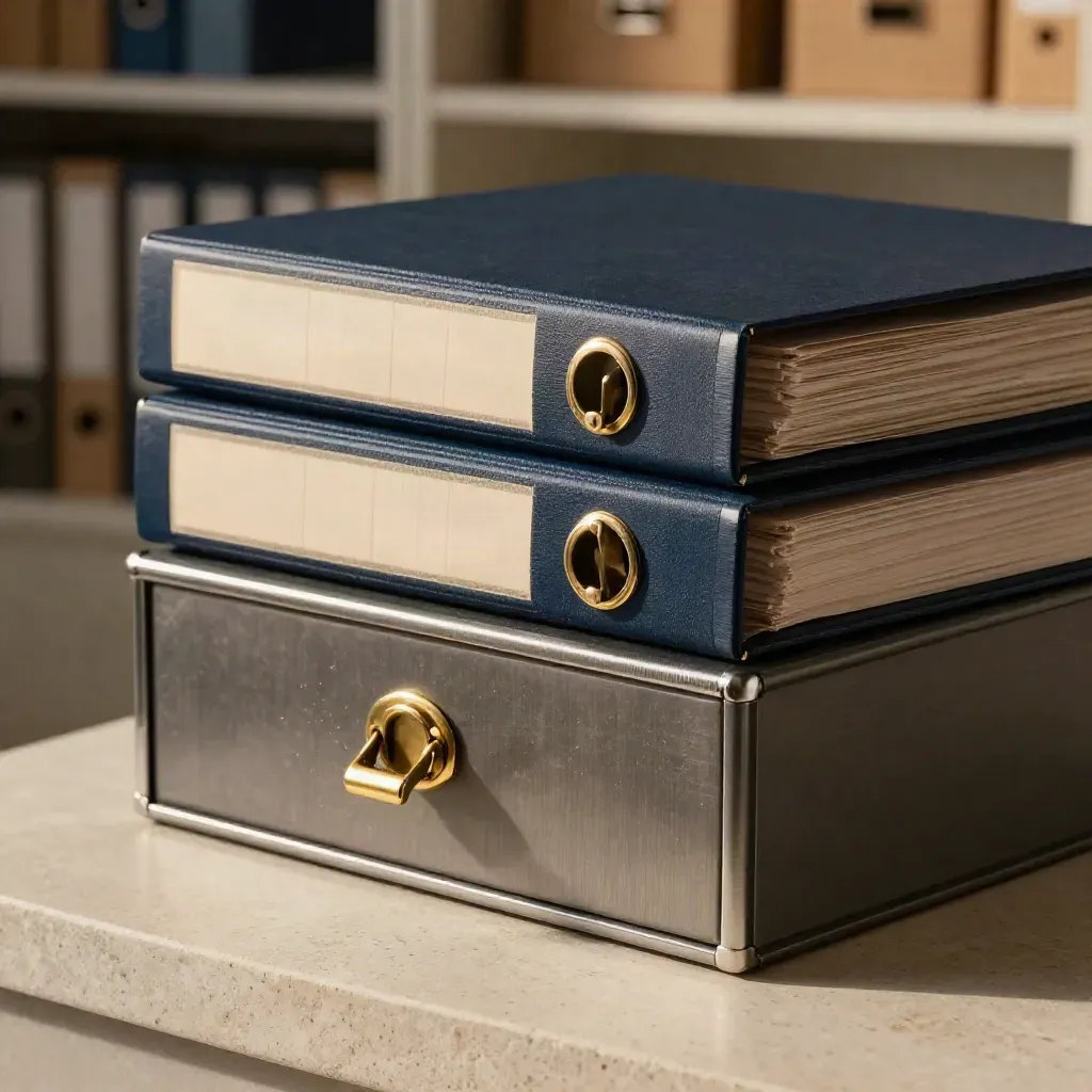 Sealed navy binders and a brass clasp beside a locked archive drawer on pale stone.