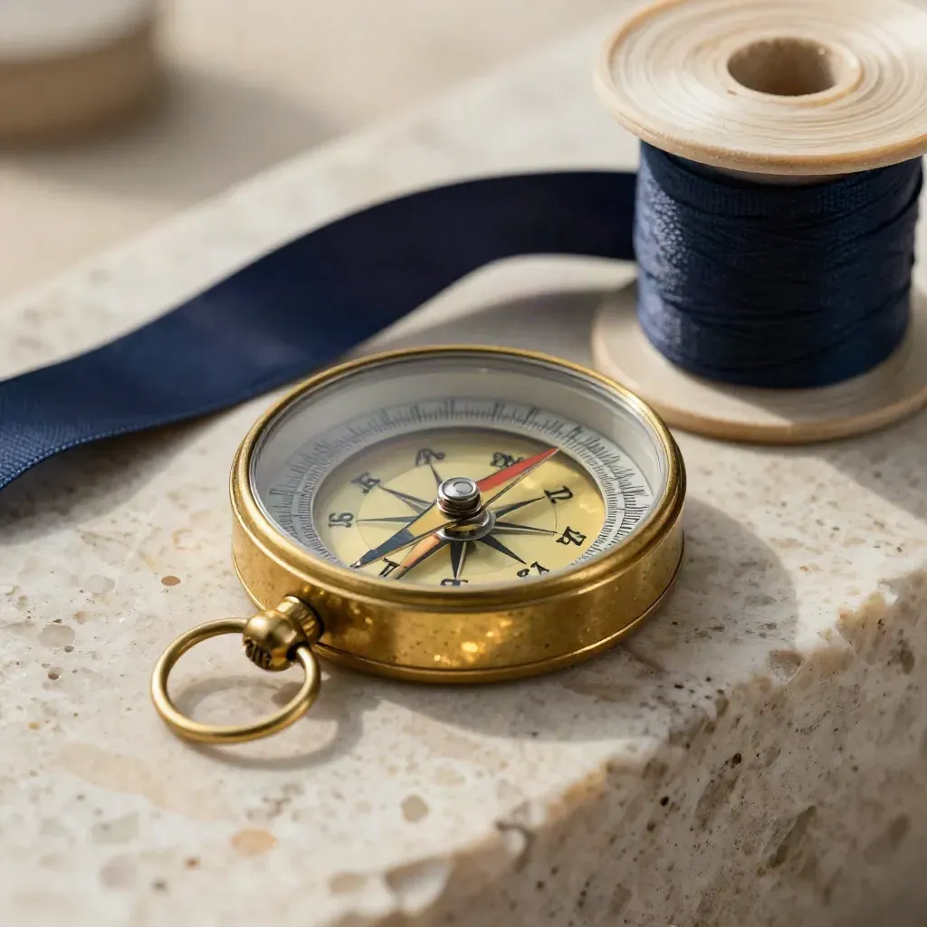 Brass compass, sealing wax seal, and navy ribbon spool on pale stone.