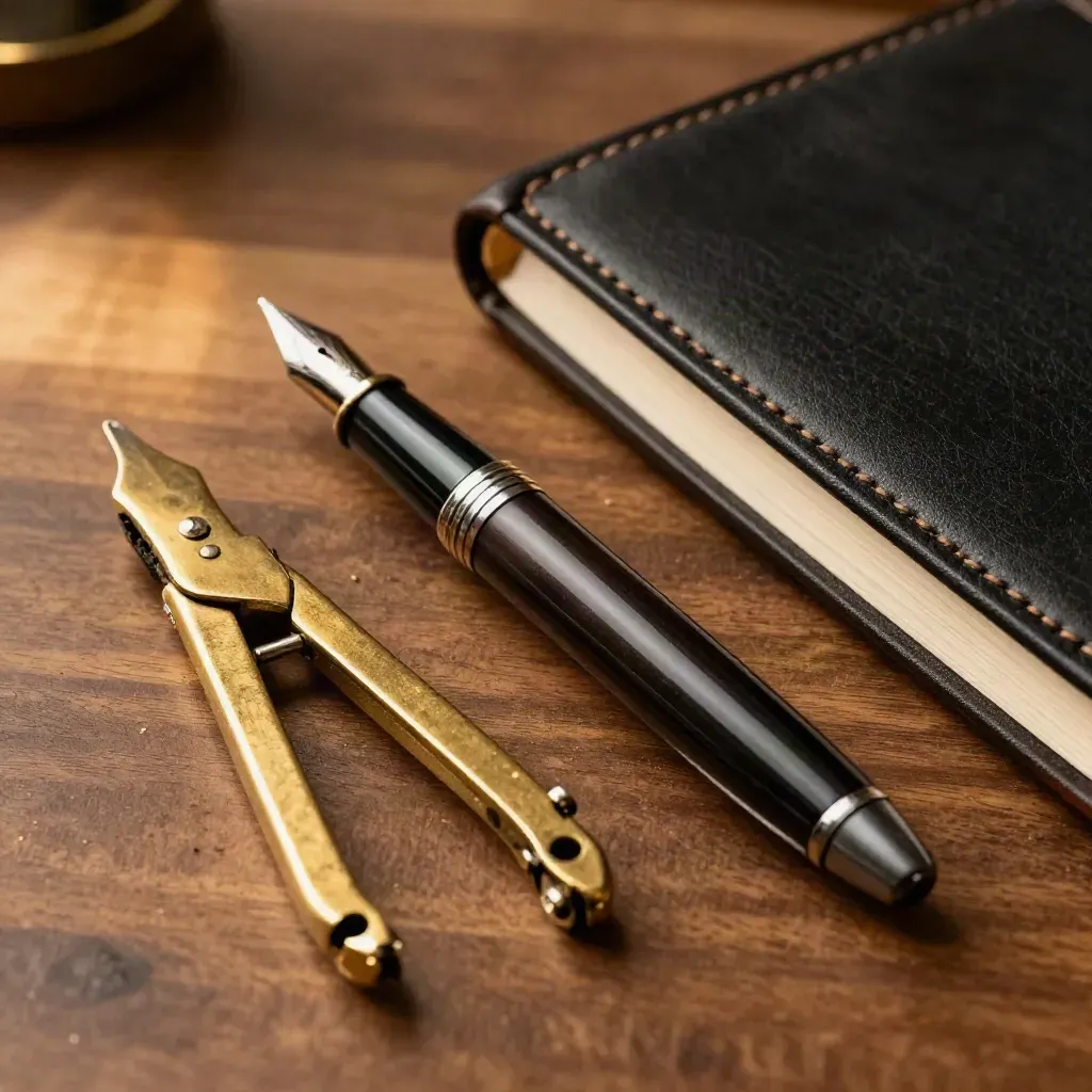 Fountain pen, brass dividers, and black leather spine tool on walnut in dramatic side light.