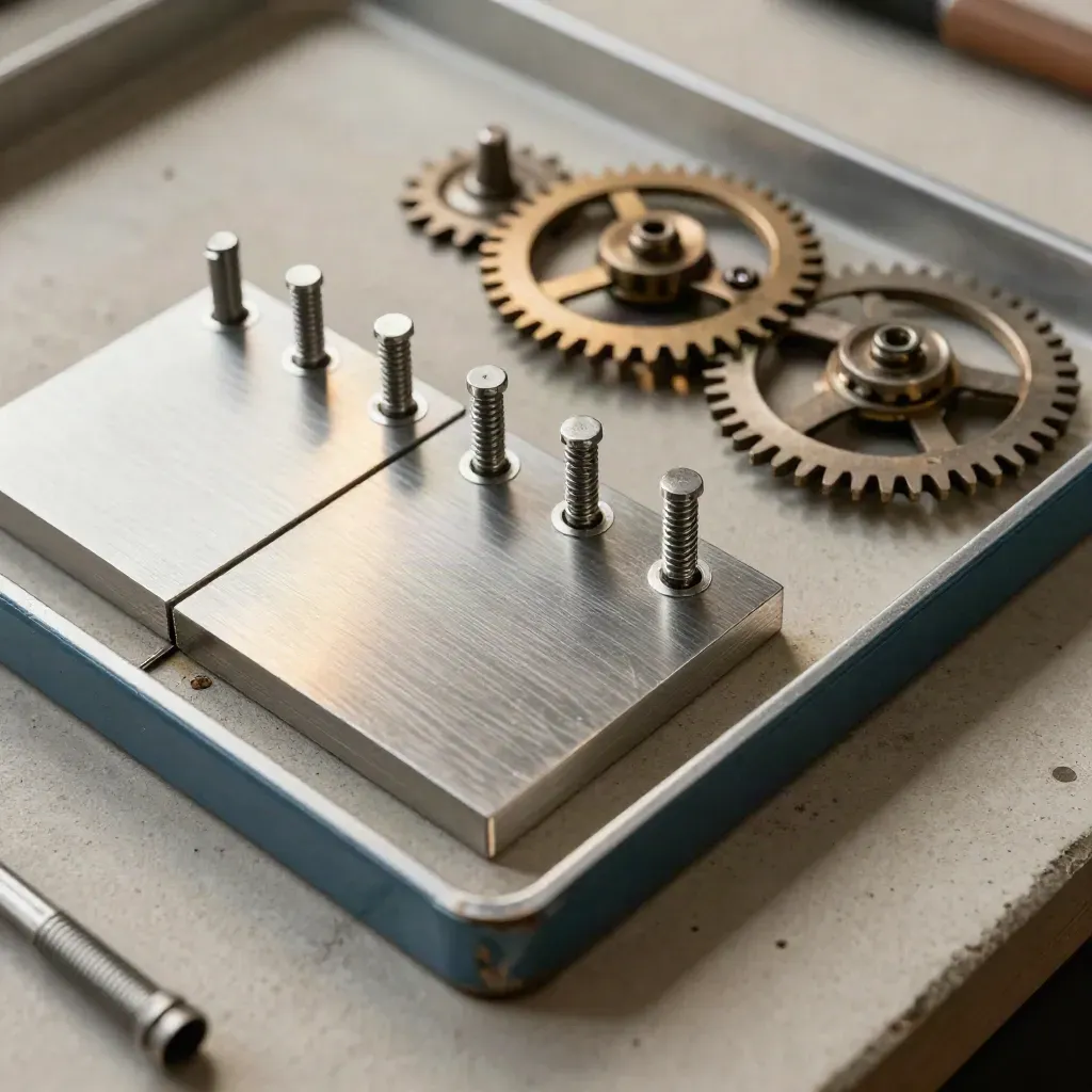 Blank scheduling tiles, metal pegs and gears in a tight workshop close-up with skimming light.