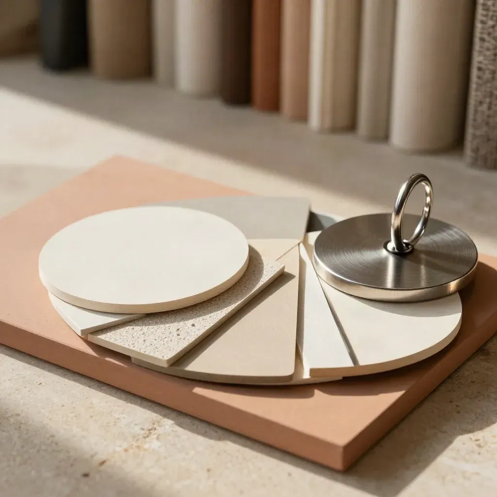 Luxury material swatches and brushed metal finish samples in a premium editorial still life.