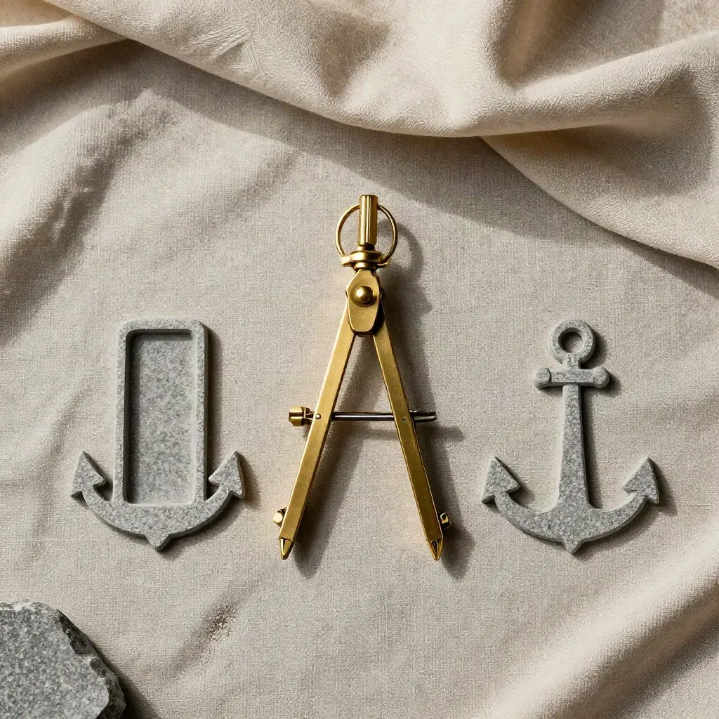 Brass compass with stone markers on linen, overhead in soft light.